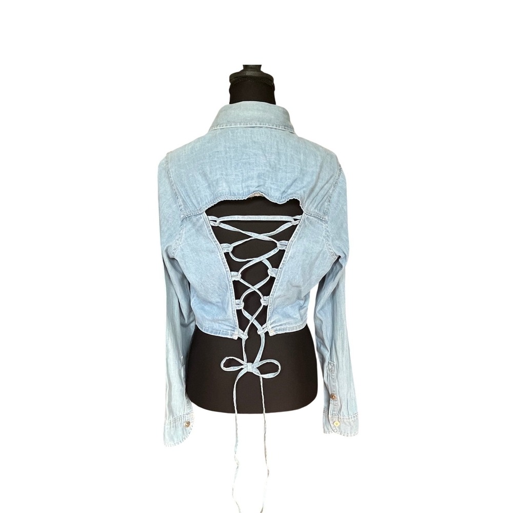 Cropped Light Blue Lace-Up Back Denim Shirt